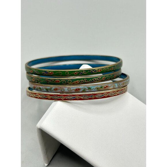 Set of 4 Chinese Cloisonne Bangles with Colorful Enamel Detailing & Gold Accents - Picture 2 of 7